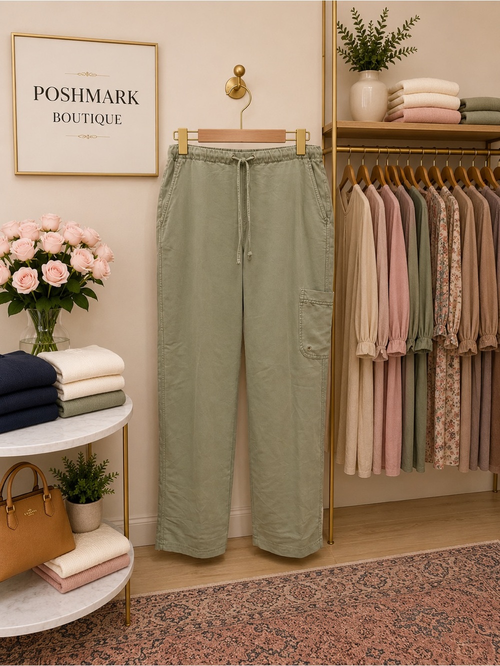 Khakis Green Lyocell Blend Drawstring Cargo Pants Medium Stretch Wide Leg